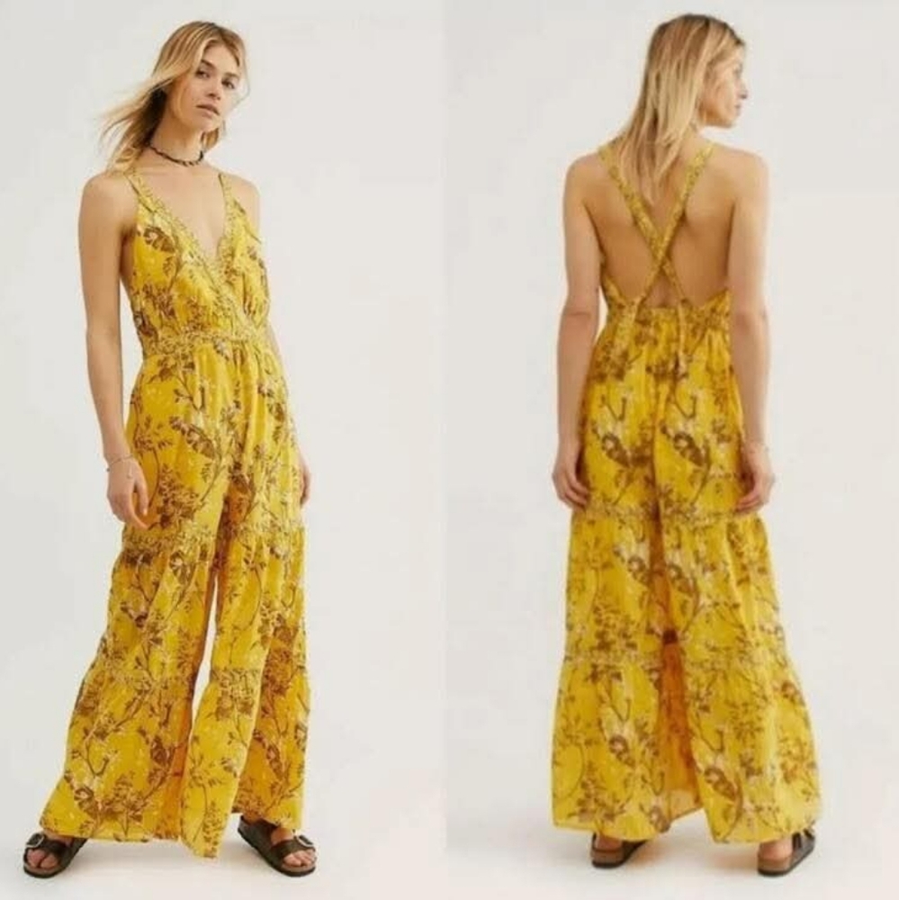 Free People Yellow Floral Jumpsuit